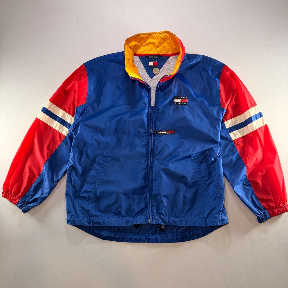 Vtg 90s Tommy Hilfiger Windbreaker Jacket Men L Colorblock Blue Red Yellow Nylon